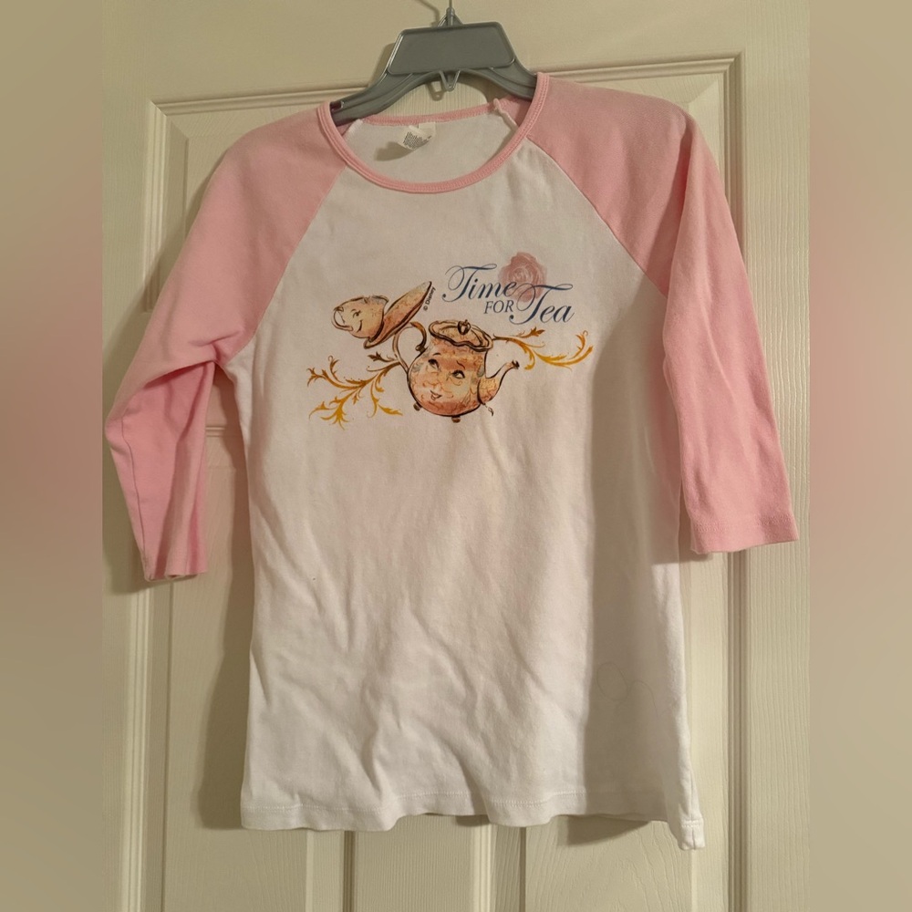 Bella Canvas Beauty and the Beast Mrs. Potts & chip Pink & White 3/4 Sleeve Tee